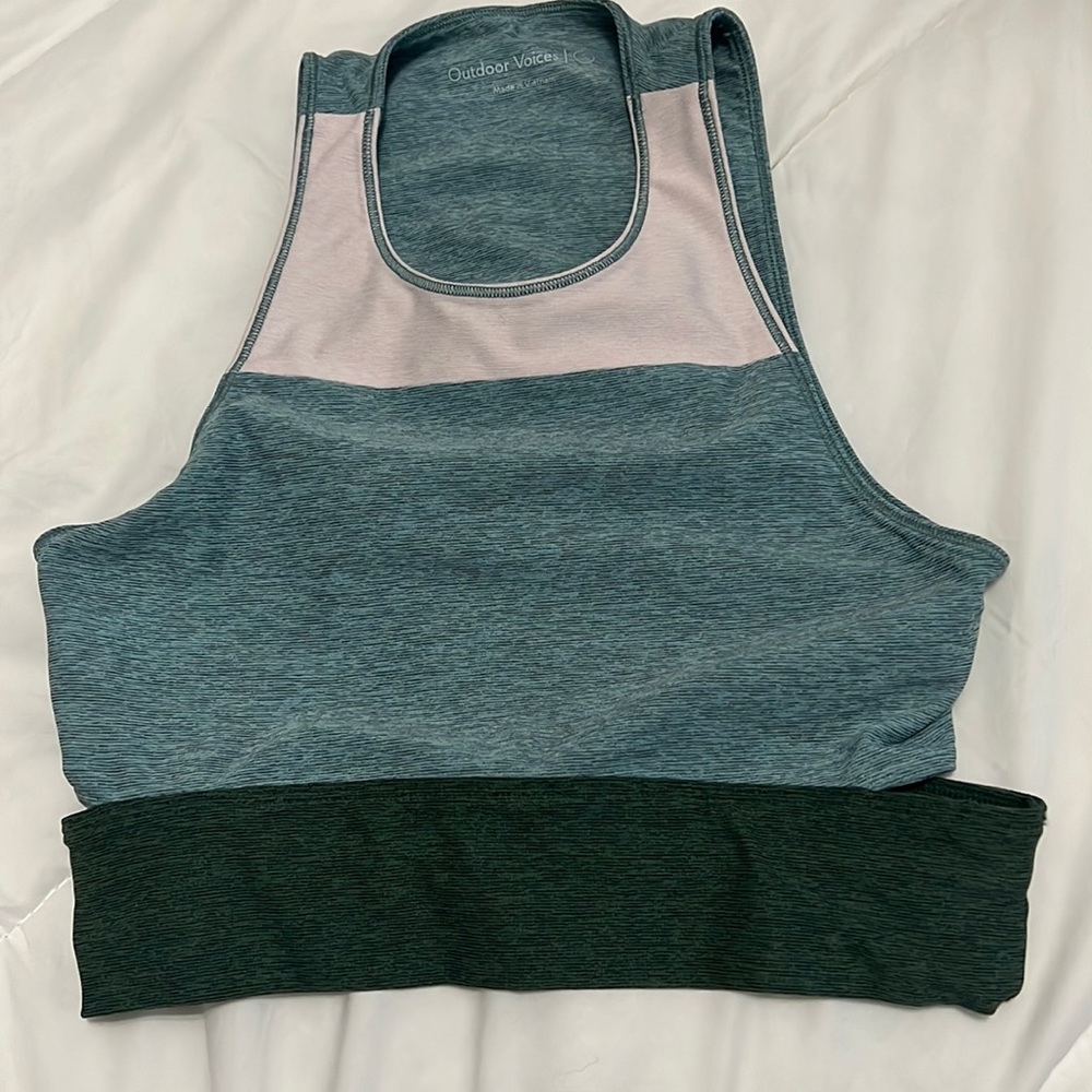 Outdoor voices tri tone slash back crop top sports bra. Green and pink size S